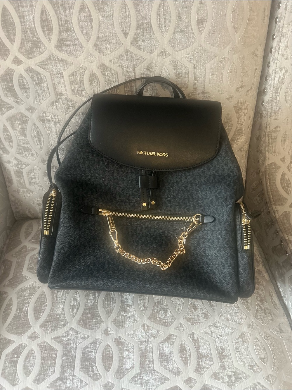 Michael Kors Black MK Logo Backpack with Gold Chain Accent - new tags removed